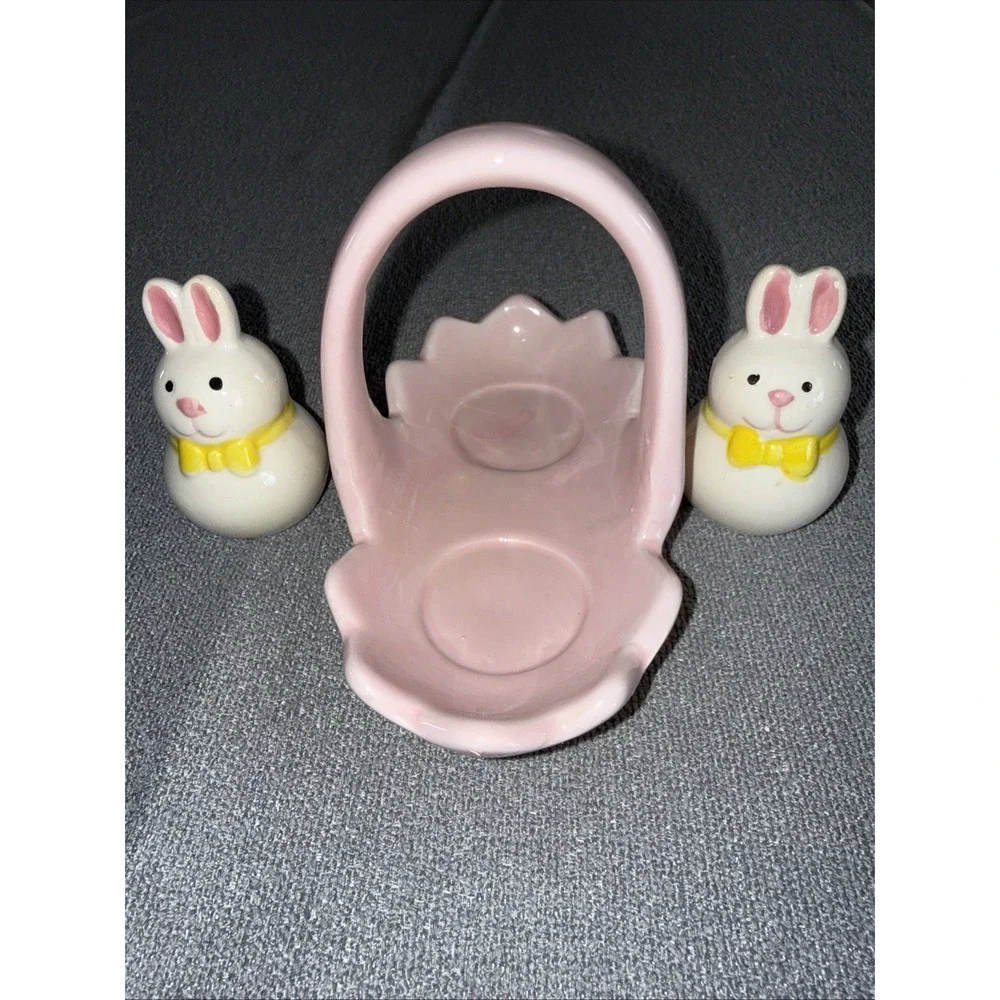 Bunny Salt‎ & Pepper Shakers with Basket Holder